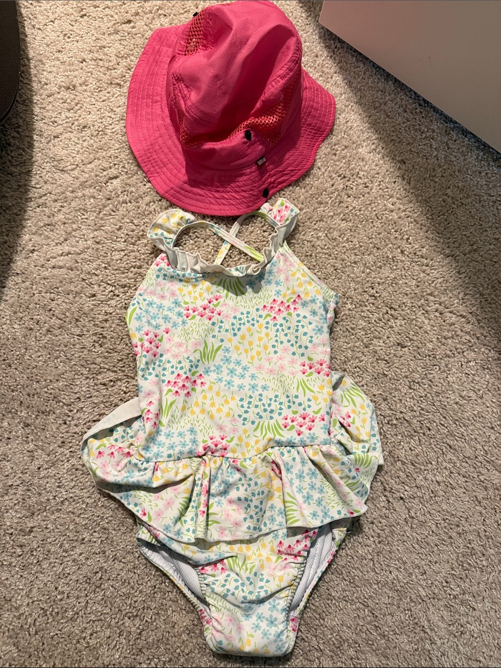 Floral Ruffle Swimsuit with Pink Sunhat